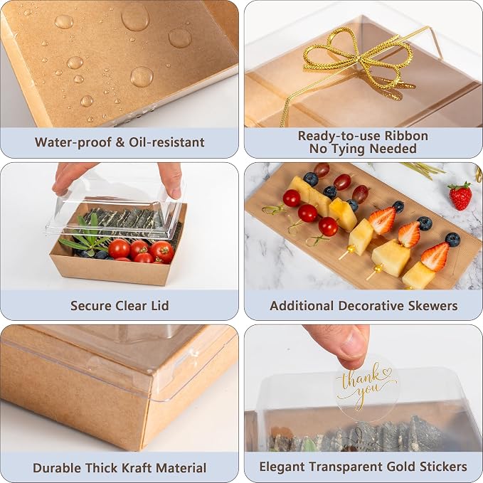 Gift-Ready Charcuterie Boxes with Clear Lids, Cake Slice Container, Bakery packaging, Food Gift Containers, Small Treat, 5"Dessert Boxes with Ready to use Ribbon and Bamboo Skewers-50 Count-BROWN