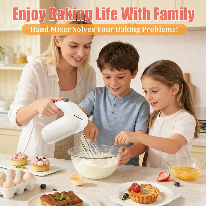 300W Hand Mixer Electric Handheld, 5 Speed Lightweight Kitchen Blender, Turbo Boost/Self-Control Speed Hand Held Beater Mixer with 4 Stainless Steel Whisks for Baking Cakes Eggs Cream, White