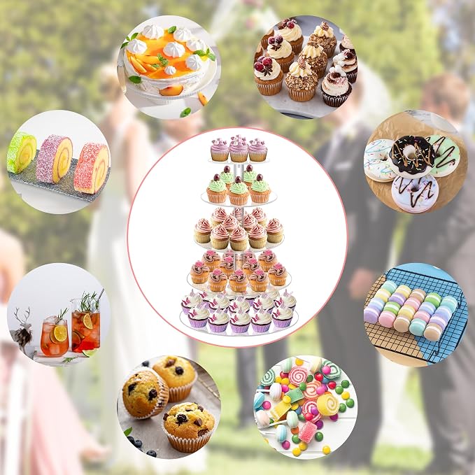 YestBuy 5 Tier Round Acrylic Cupcake Tree Tower Display Stand Display for Pastry Wedding Birthday Party (5 Tier Round (4" Between 2 Layers))