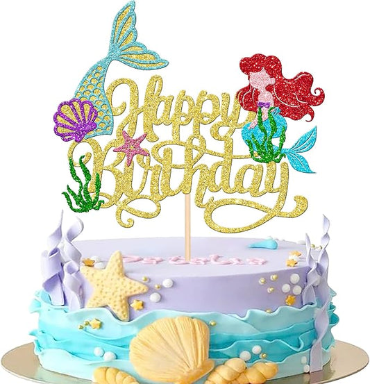 1 PCS Mermaid Happy Birthday Cake Topper - Glitter Mermaid Tail Cake Decoration with Ocean Starfish, Seawood, Seashells for Under the Sea Theme Baby Shower Birthday Party Supplies - Gold