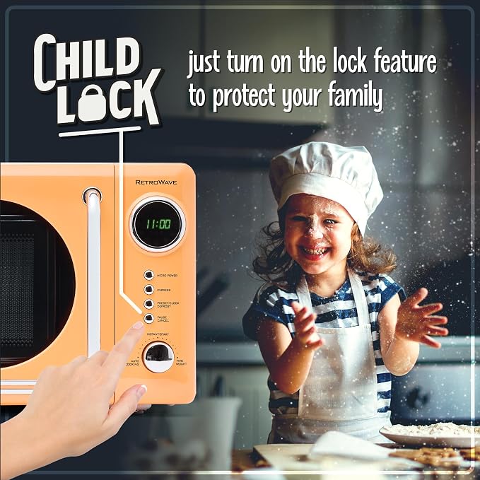Nostalgia Countertop Microwave Oven with Easy Clean Interior- Retro Microwave with LED Display & Child Lock- Compact 0.7 Cu. Ft Oven With 12 Pre-Programmed Settings for any kitchen-700-Watts-Orange