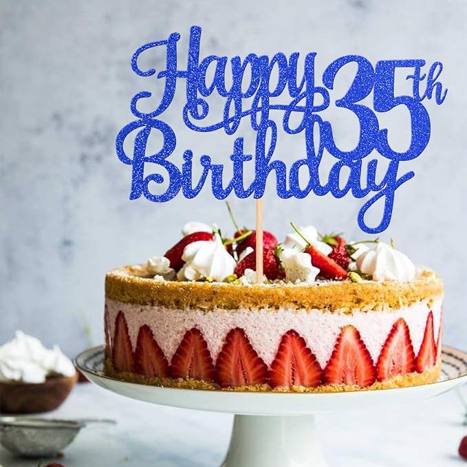 1 PCS Happy 35th Birthday Cake Topper Glitter Cheers to 35 Years Birthday Cake Pick Thirty Five 35 Fabulous Cake Decoration for Happy 35th Birthday Theme Party Decorations Supplies Blue