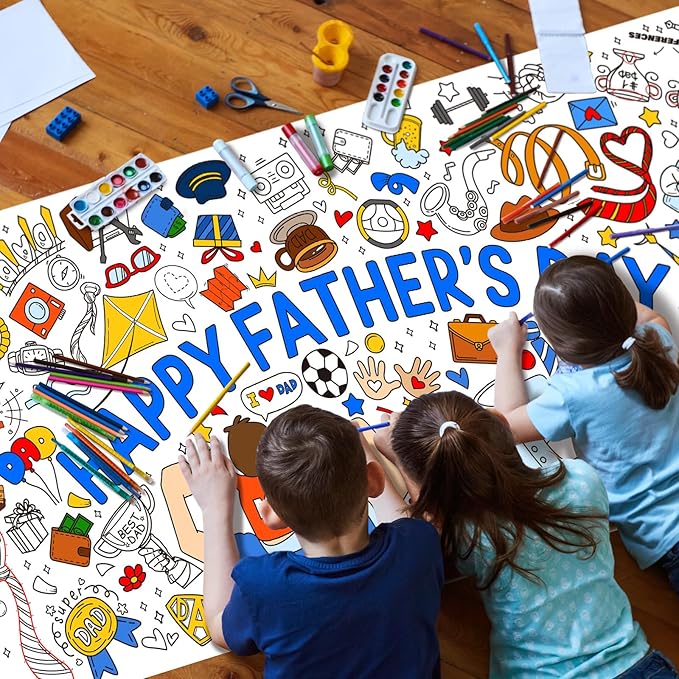 Fathers Day Coloring tablecloths for Classroom Wall - Versatile 31.5 x 72 Inches Father Themed Activity Poster/Table Cover, School Parties, Happy Fathers Day Decorations