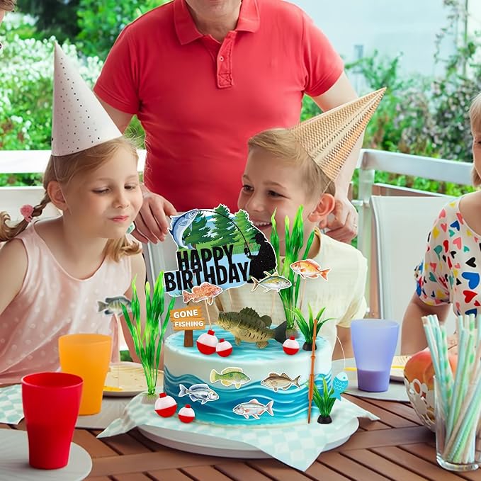 Fishing Cake Topper 22PCS Gone Fishing Cake Toppers for Men Fish Cake Decorations with Bass Reed for Retirement Party Supplies Fish Birthday Party Decorations