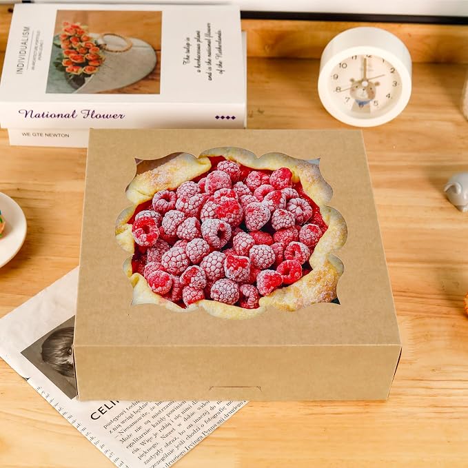 NPLUX 30 Pack Pie Boxes with Window 10x10x3 in Bakery Boxes Perfect for Pies, Cheesecake, Cookies, Muffins and Chocolate Covered Strawberries, Graduation Gifts Party Favors(Brown)