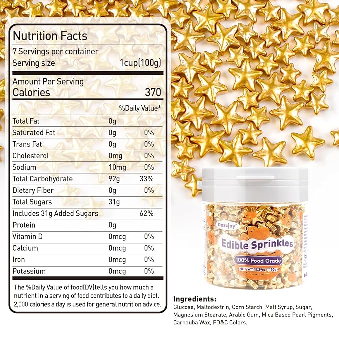 Dazzjoy Edible Gold Star Sprinkles, Star Sugar Sprinkles for Cake Decorating, Food Grade, Cupcake Toppers, Gold Cake Decorations, Patriotic Wedding Birthday Party Supplies