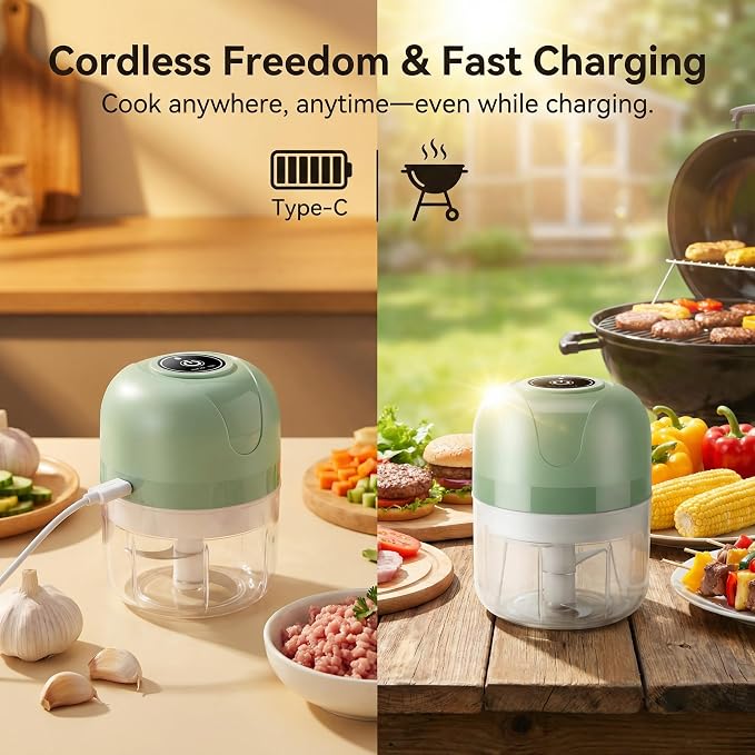 TaiWaggers Mini Electric Garlic Chopper, Dual-Cup Electric Mini Garlic Chopper,Portable Wireless Food Processor for Vegetables, Onion, Ginger, Chili, Meat – Rechargeable, Splash-Proof（Light Green）