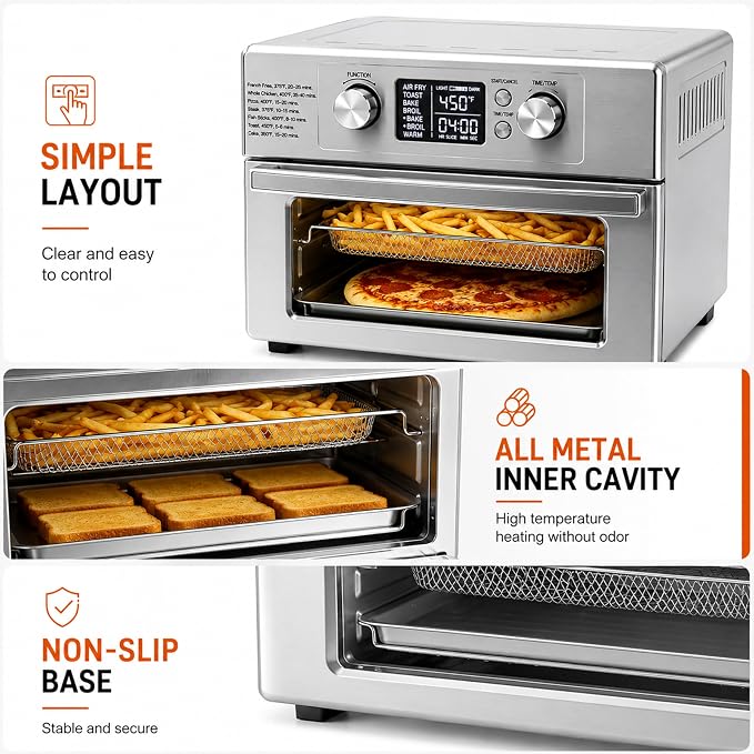 Simple Deluxe 23QT Countertop Toaster Oven, 1800W Multifunctional Electric Oven with 60min Timer and 450°F Max Temp, Equipped with Fry Basket, Baking Pan & Rack, Perfect for Toast, Bake, Broil, Pizza