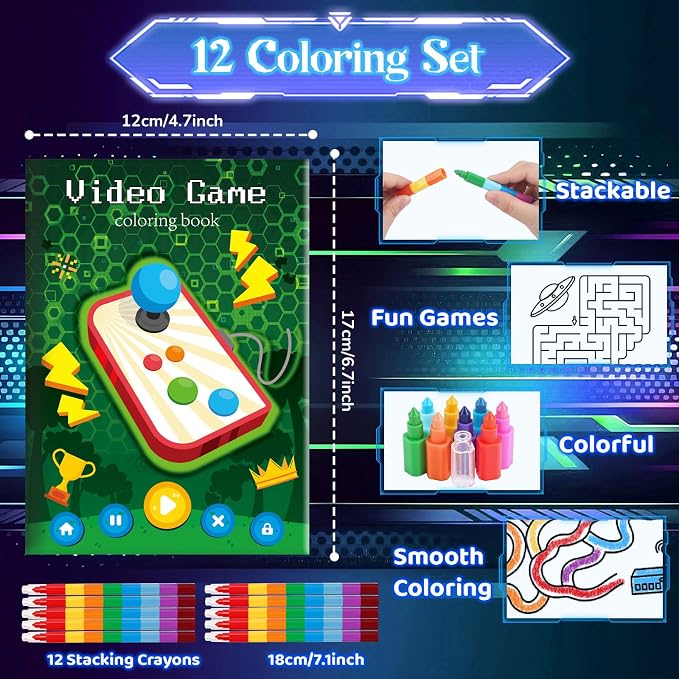 BenLouis 12 Video Game Mini Coloring Books Kids with 12 Stacking Crayons Gaming Party Favors Small Activity Books Bulk for Kids Boys Neon Game Level Up Party Gift Goodie Bag Stuffers