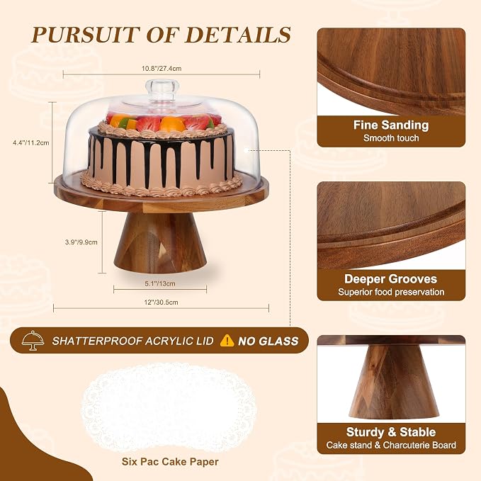 Bellsal Cake Stand with Clear Acrylic Dome Lid, 12in Acacia Wood Cake Holder with Lid, Cake Plate with Lid for Baking Gifts, Cake Display Server Tray for Birthday Party Weddings, Housewarming Gift