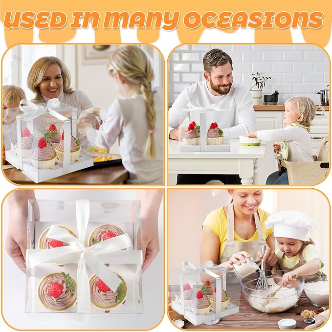 JCD 8 Pack Clear Cupcake Boxes, 4 Count Cupcake Containers with Gift Ribbon,5.3inches height Plastic Cupcake Carrier Holder for Treat Dessert Cookies Muffins Pastry Baby Shower Party (4count/8pcs)