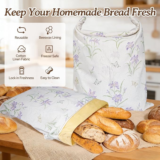 Beeswax Bread Bags for Sourdough, 2 pcs XL Zipper Reusable Bread Bags for Homemade Bread, Cotton and Linen Food Storage Bags for Bakery, Pantry, Long-Lasting Freshness (Purple Floral)