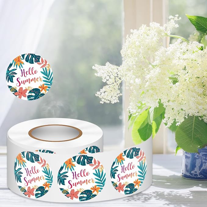 Louise Maelys 500 Pcs Flower Hello Summer Stickers Roll for Kids and Adult 1.5 Inch Adhesive Decoration Round Labels for Baking Card Gift Wrapping Envelope Craft Making