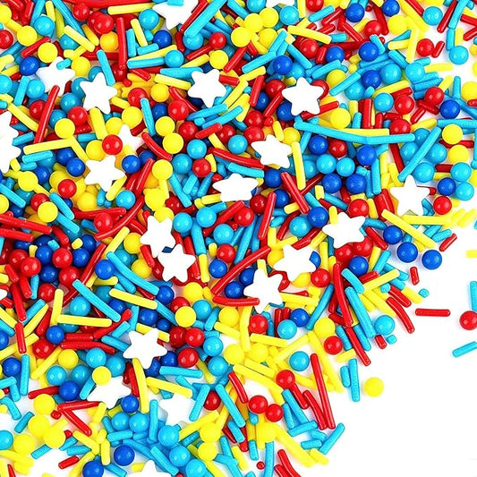 Red Blue and Yellow Sprinkles for Cake Decorating, Edible Pearls, Jimmies and Stars Mixed, Perfect for Cake Decorations, Baking, Ice Cream, Cookies, Cupcake Toppings