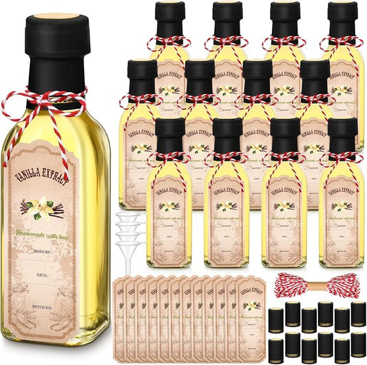 Tioncy 12 Pcs Vanilla Extract Bottles for Homemade Vanilla Jar Glass Square Bottle with Cap Shrink Band Sticker Syrup Food Storage Canister for Liquids Bean Sauce Spice Gift Giving (Black,5 oz)