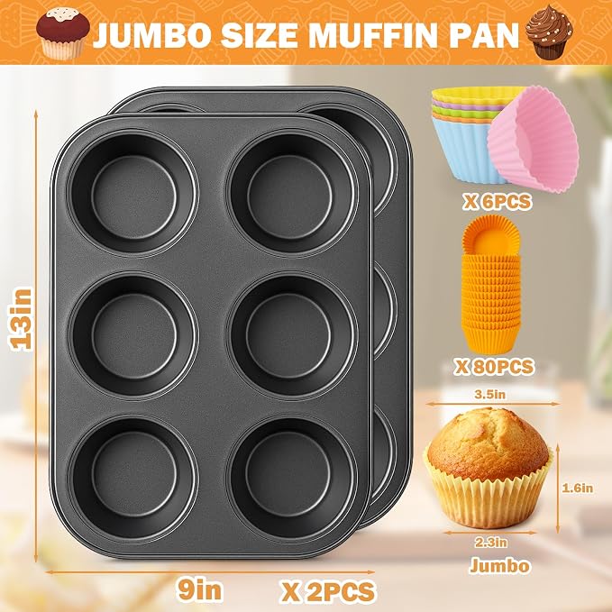 Mity rain 2 Pack Jumbo Muffin Pan, Premium Carbon Steel 6-Cup Cupcake Pan, with 80 Non-Stick Paper Liners & 6 Reusable Silicone Liners, Ideal for Party, Christmas, Home Baking Supplies