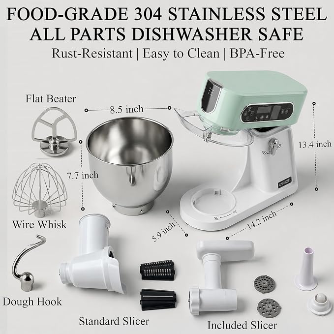 5.3 Qt 9-Speed Tilt-Head Stand Mixer, Multi-Function Electric Mixer | 3 Mixing Attachments, Meat Grinder & Vegetable Slicer, Stainless Steel Bowl, Splash Guard, Easy Clean, Spearmint