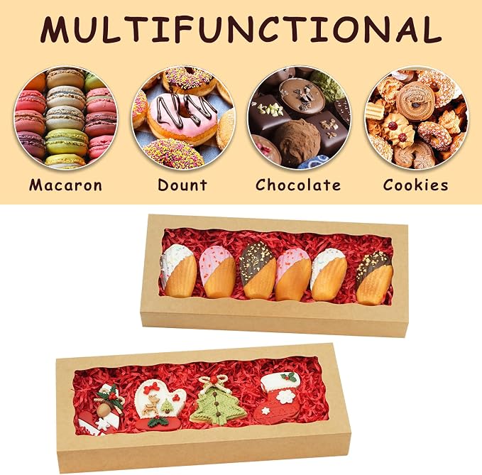 XINHPKGG 20pcs Cookie Boxes with window 12 x 5 x 1.5 Inch Bakery Boxes Treat Box Dessert Box for Wedding Party Favors - Brown
