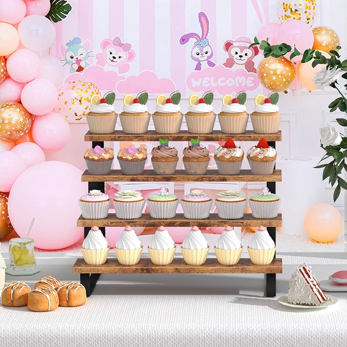 ELITEROO Cupcake Display Stand, 4 Tier Wooden Dessert Stand, Cookie Treat Stands for Dessert Table Set, Food Display Risers for Party Wedding Decor Birthday Graduation, Rustic Brown Straight