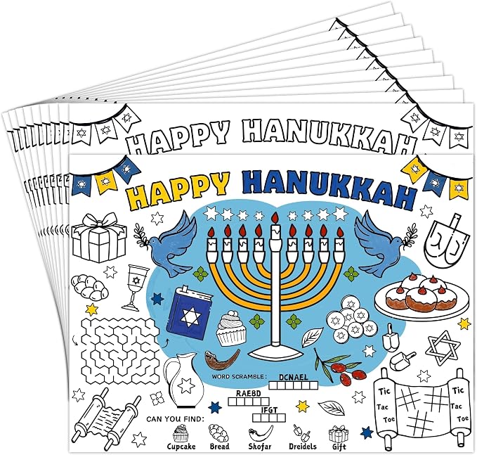 45pcs Hanukkah Disposable Coloring Placemats Hanukkah Crafts for Kids Coloring Poster Party Supplies School Classroom Activities Paper Table Mats