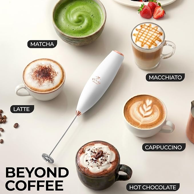 Zulay Powerful Milk Frother for Coffee with Upgraded Titanium Motor - Handheld Electric Whisk, Milk Foamer, Mini Mixer & Coffee Blender for Frappe, Latte, Matcha, No Stand - Gold & White
