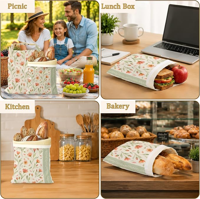 2 Pack Reusable Beeswax Peach Flower Bread Bags, Sourdough Bread Sage Leaf Storage for Homemade, Freezer Storage Bag to Keep Fresh, Baguette Bag with Beeswax Liner Kitchen Baking