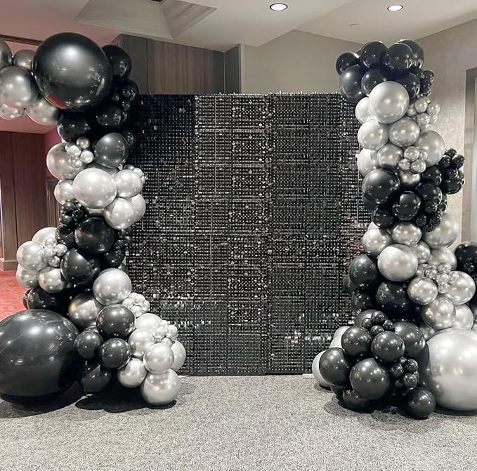 153Pcs Black and Silver Balloons Garland Arch Kit with Stars - 22 18 12 10 5 inch Different Size Black Metallic Silver Confetti Latex Balloon for Birthday Graduation New Year Party Decorations