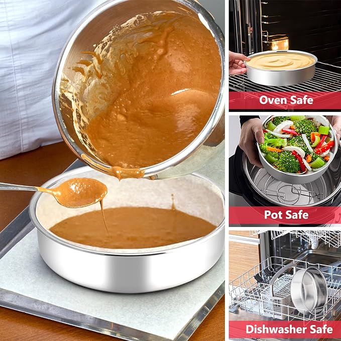 P&P CHEF 8 Inch Cake Pan Set of 4, Stainless Steel Baking Round Cake Pans Tins Bakeware for Birthday Wedding, Leak-proof & Easy Clean, Mirror Finish & Easy Releasing