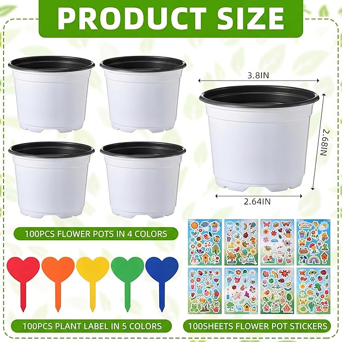 100 Sets Garden Pot Craft Kit, Flower Plant Spring Craft Including Plastic Nursery Plant Pots Labels Tags Stickers for DIY Flower Planting Growing Birthday Arts Kit (Simple)