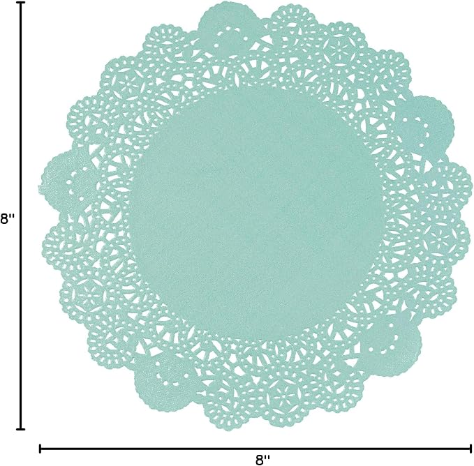 Pastry Tek 8 x 8 Inch Paper Lace Doilies, 100 Disposable Table Doilies - Elegant Lace Finish, Long Lasting, Teal Paper Doily, for Pastries, Cupcakes, Desserts - Restaurantware
