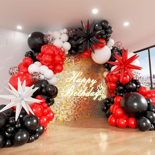 Red and Black White Balloon Arch Kit, 140Pcs Red Black White with Stars Balloon Garland kit, Different Size Balloons for Birthday Graduation Racing Car Poker Card Anniversary Party Decorations