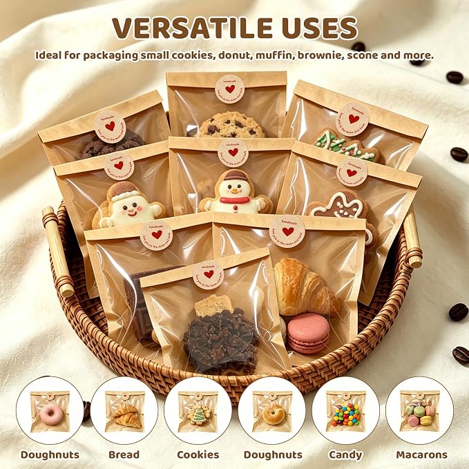 Individual Cookie Packaging Bags with Seal 120 Pack Bakery Bags for Cookies | 5.7x6.5 Inch Kraft Paper Cookie Bags with 120PCS Handmade Sticker Bakery Packaging Bags with Window for Candy Scone Brownie