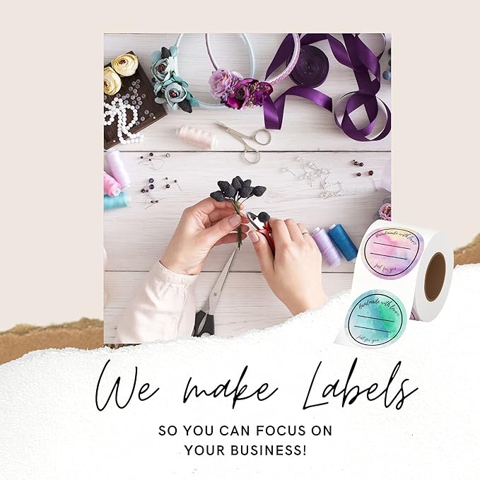 Mobiusea Creation Handmade with Love Labels Roll | 2 inch Round Cut | 500 Labels for Homemade Goods, Handmade Stickers, Small Business Supplies, Soap Candle Canning Supplies