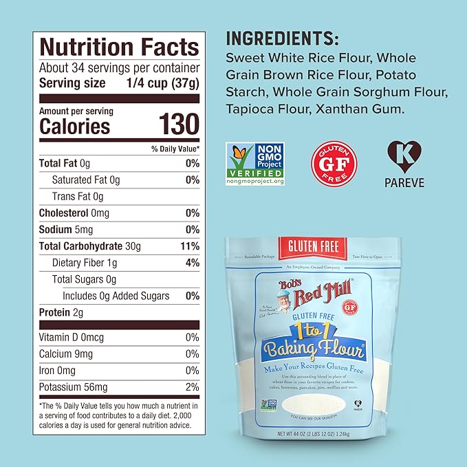 Bob's Red Mill Gluten Free 1 to 1 Baking Flour, 22oz (Pack of 4) - Gluten Free, Non GMO, Vegan, Kosher