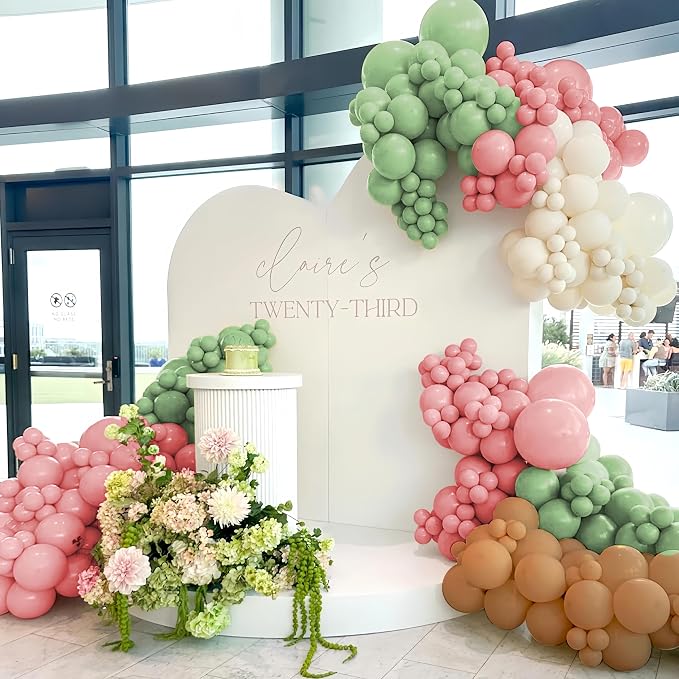 Sage Green Pink White Brown Balloons Garland Arch Kit, 160Pcs Boho Dusty Green Cherry Blossom Pink White Sand Brown Balloons for Girl Bridal Baby Shower Wedding Birthday Party Decorations