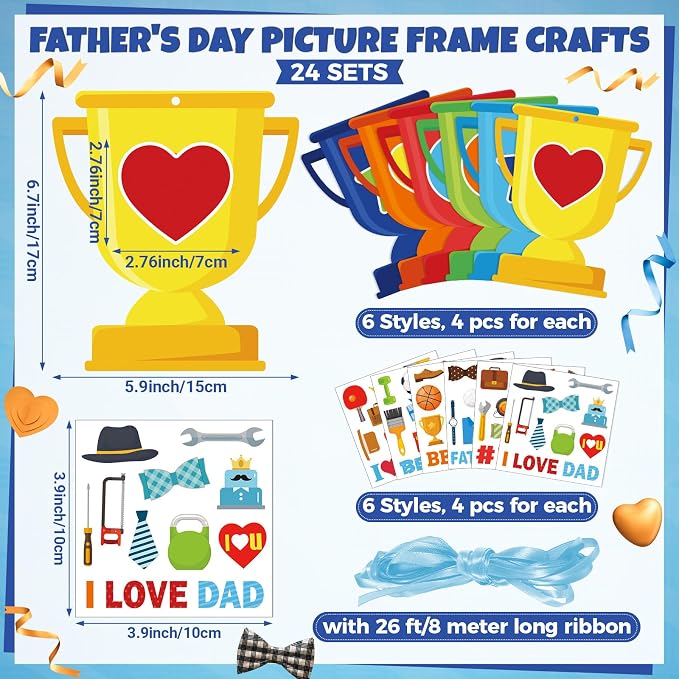 Dianelhall 24 Sets Father's Day Trophy Craft Kits I Love Dad DIY Photo Frame Best Dad Picture Frame Gift with Stickers for Happy Father's Day Decorations Classroom Holiday Party Activities(Trophy)