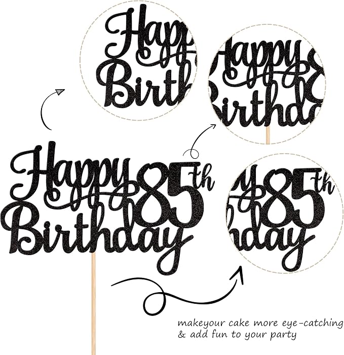 1 PCS Happy 85th Birthday Cake Topper Glitter Cheers to 85 Years Birthday Cake Pick 85 Fabulous Cake Decoration for Happy 85th Birthday Theme Party Decorations Supplies Black