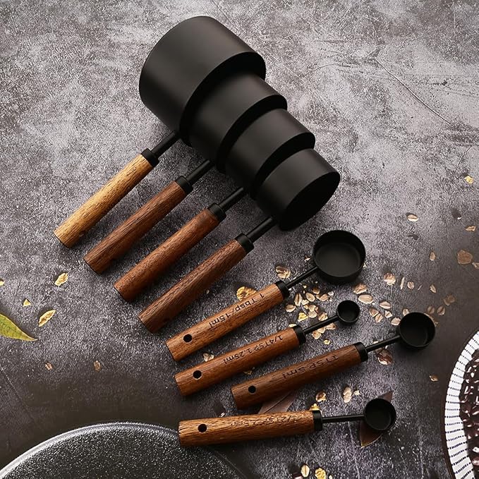 8 pieces Black Measuring Cups Set and Measuring Spoons Set with Scale, BRIIEC Wooden Handle Stainless Steel Dry & Liquid Measuring Cup for Cooking Baking