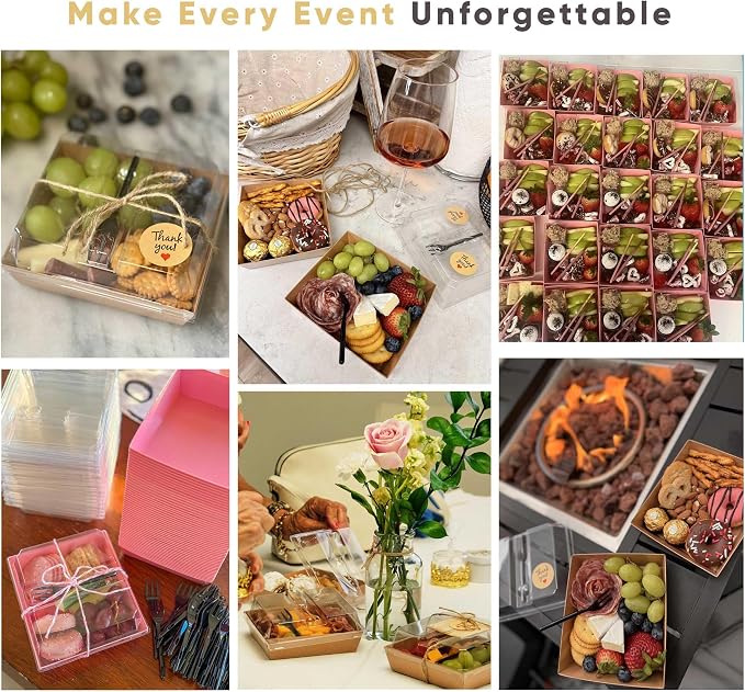Leafiew 50 Pack Small Charcuterie Boxes with Clear Lids and Forks - To Go Paper Mini Charcuterie Box, Disposable Food Containers, 5Inch Dessert Boxes for Cookie, Cake Slice, Strawberries (White)
