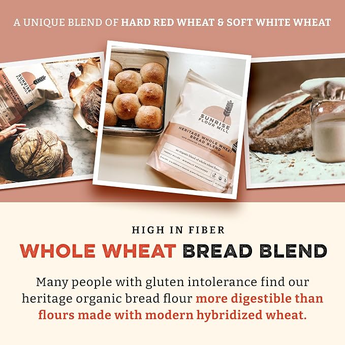 Sunrise Flour Mill Heritage Whole Wheat Bread Blend - 5 lb | USDA Organic All Purpose Flour Unbleached - Non-GMO, Kosher, Grown Without Glyphosate, Ancient Grains, Bread Flour Organic.