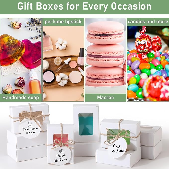 Zhanmai 100 Set White Small Soap Boxes for Homemade Soap, 3.35 x 2.36 x 1.2 Inch Paper Packaging Boxes with Window, with 100 Tag and Twine, Gift Wrapping Supplies for Bakery Candy Cookies Party Favors