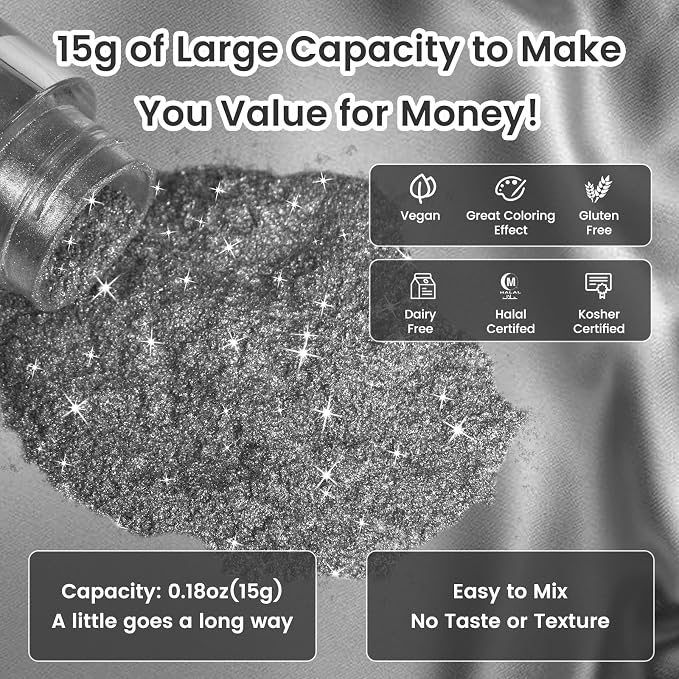 Black Edible Glitter 15g, Edible glitter for Drinks, Luster Dust Edible Shimmer Powder for Cocktails,Cakes, Baking, Party Decoration ﻿