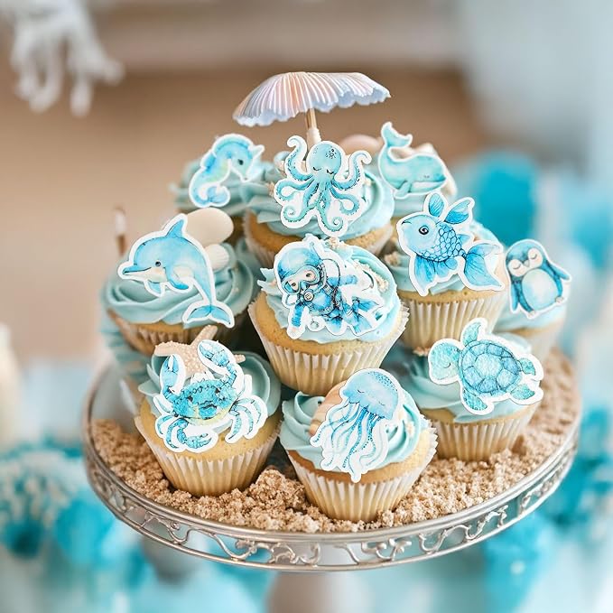 Gyufise 60Pcs Edible Ocean Sea Animal Cupcake Toppers Shark Dolphin Starfish Octopus Seahorse Cupcake Picks Baby Shower Cake Decorations for Under the Sea Theme Birthday Party Supplies