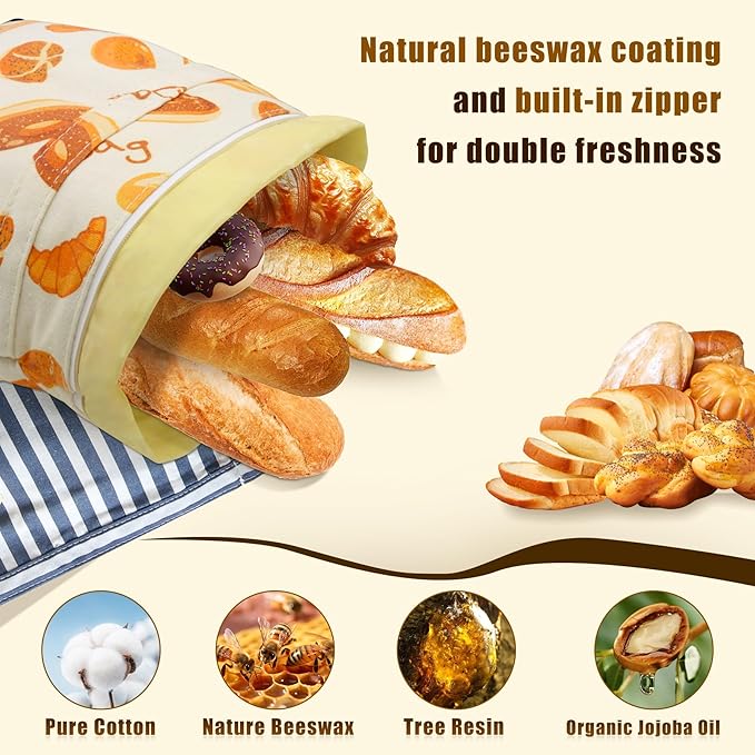 2 Pack Beeswax Bread Bags for Homemade Bread, Sourdough, Reusable Bread Bag XL Eco-Friendly Fresh Food Storage with Buckle & Zipper, Moisture Lock, Keeps Bakes Fresh Longer