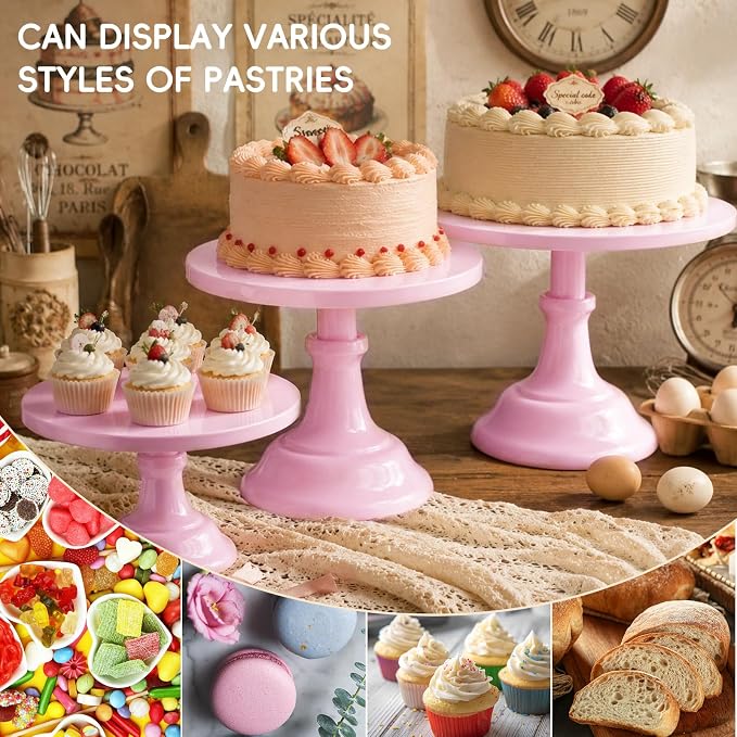 Three-piece Cake Stand Set, Metal Round Trays, 8-inch, 10-inch, and 12-inch, for Dessert Table displays; Perfect for Christmas, Thanksgiving, Birthdays, Weddings, and Other Celebrations(Pink)