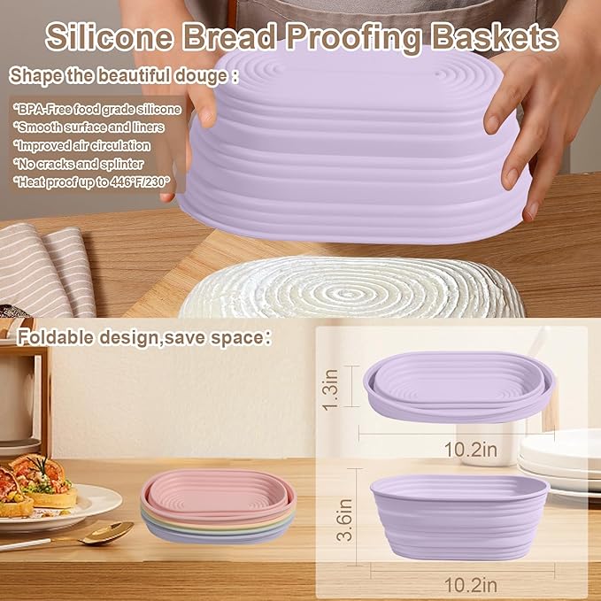 4Pcs Silicone Banneton Bread Proofing Baskets, 10" Collapsible Sourdough Bread Baking Supplies Non-Stick Oval Dough Proofing Bowl Containers Oven Safe for Various Tastes Bread Making-BPA Free