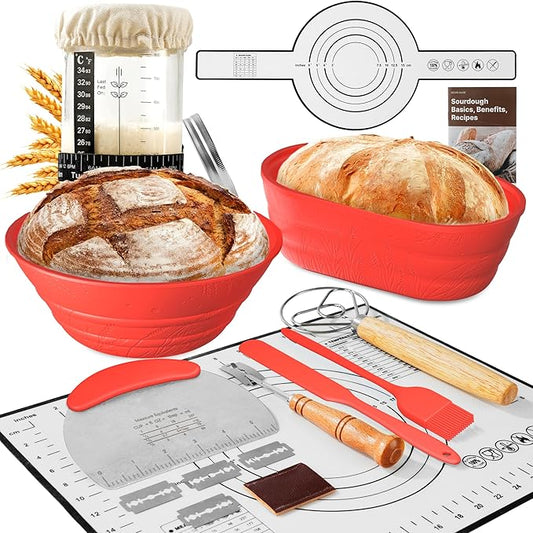 Sourdough Starter Kit with Jar – Complete Sourdough Bread Baking Supplies for Beginners, Includes 2 Silicone Proofing Baskets Baking Mat Sour Dough Kit - Red