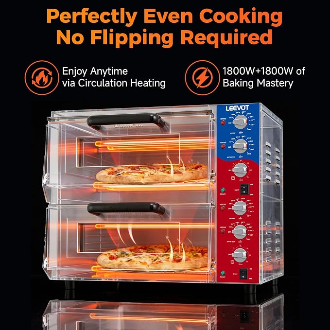 LEEVOT Commercial Double Deck 16 Inch Electric Pizza Oven | 3600W Countertop Pizza Maker with Pizza Stone for Restaurant, Food Truck & Indoor Use | ETL Certified, 120V
