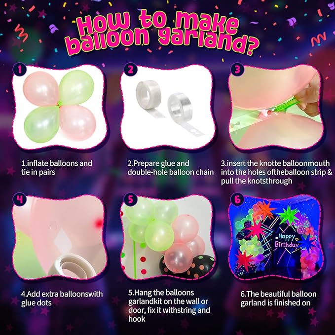 UV Neon Balloons, Glow in the Dark Party Supplies Neon Foil Explosion Star Balloon Kit Cone Balloons Glow in the Dark Birthday Decorations for Blacklight Party Decoration
