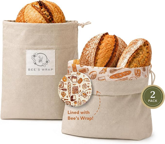 Bee’s Wrap Beeswax Bread Bag - 2 Bakery Lane Reusable Beeswax-Lined Bread Storage Bags - Breathable & Sustainable Homemade Bread Saver - Plastic Free Eco-Friendly Alternative